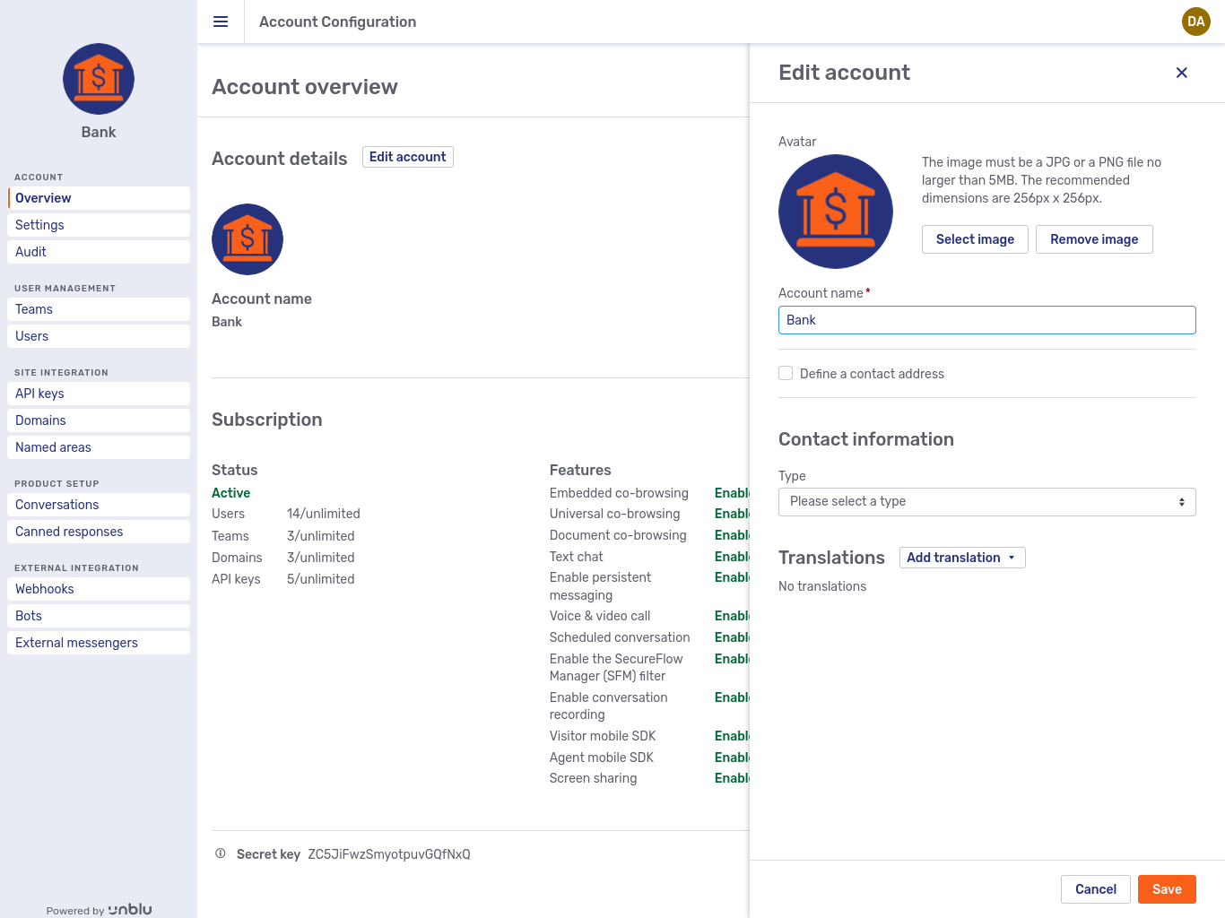 Account settings modal page