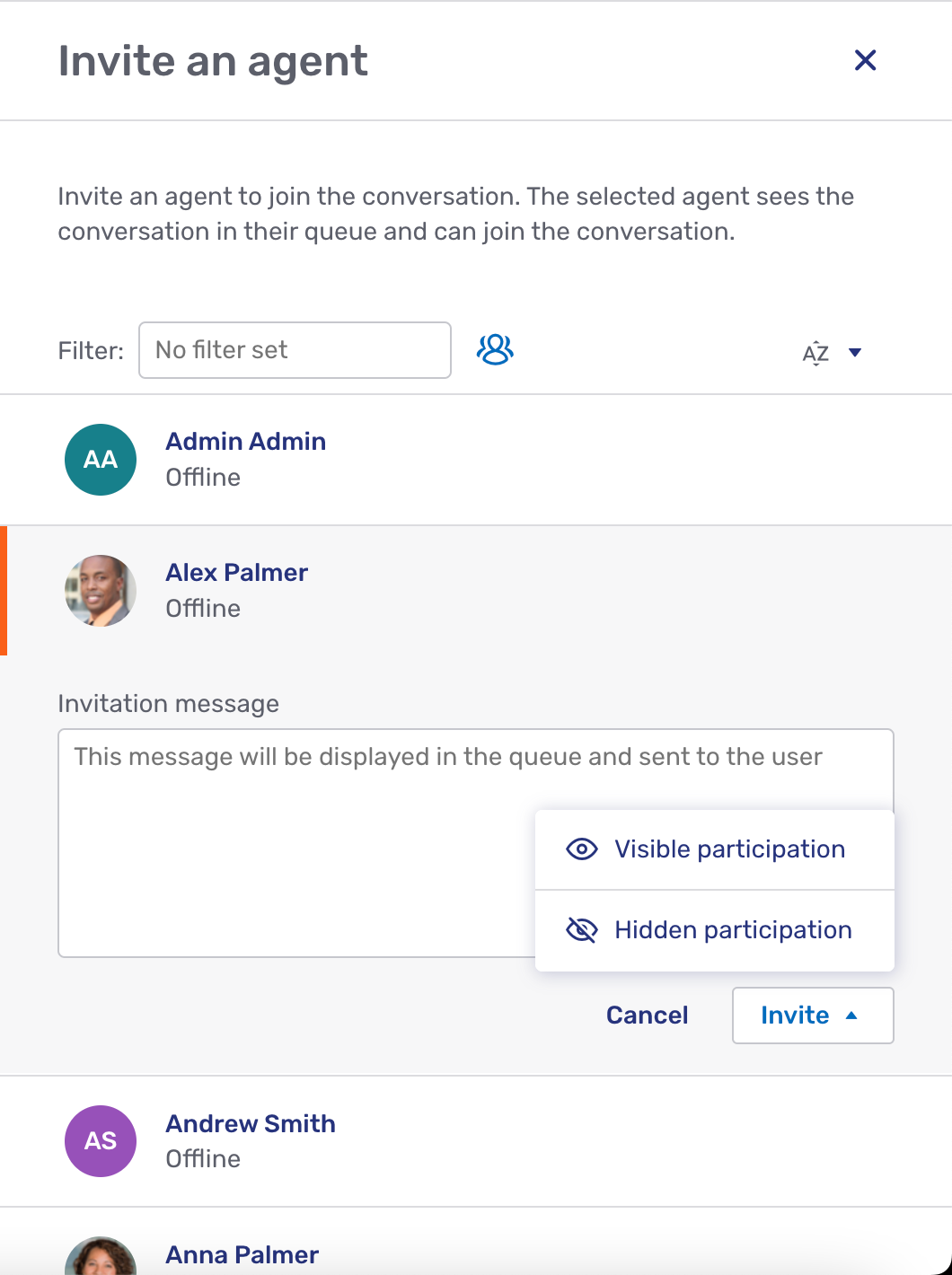 Invite an agent as a hidden participant fly-in page