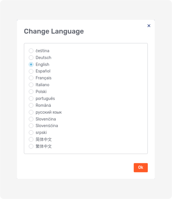 Language settings modal dialog