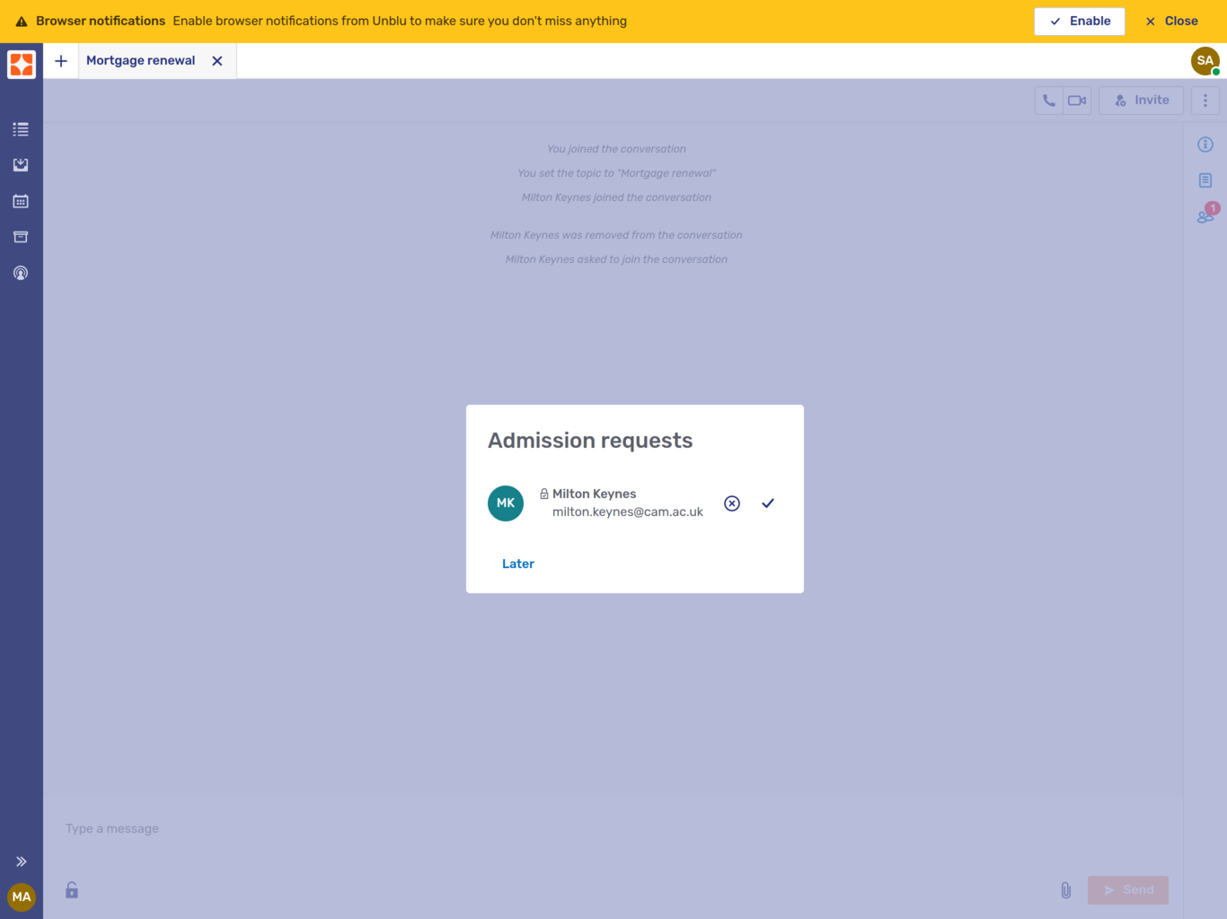 Dialog of visitor requesting admission to a scheduled conversation via a public link