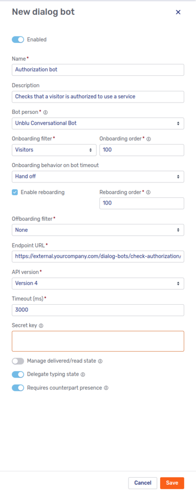 New custom dialog bot fly-in page